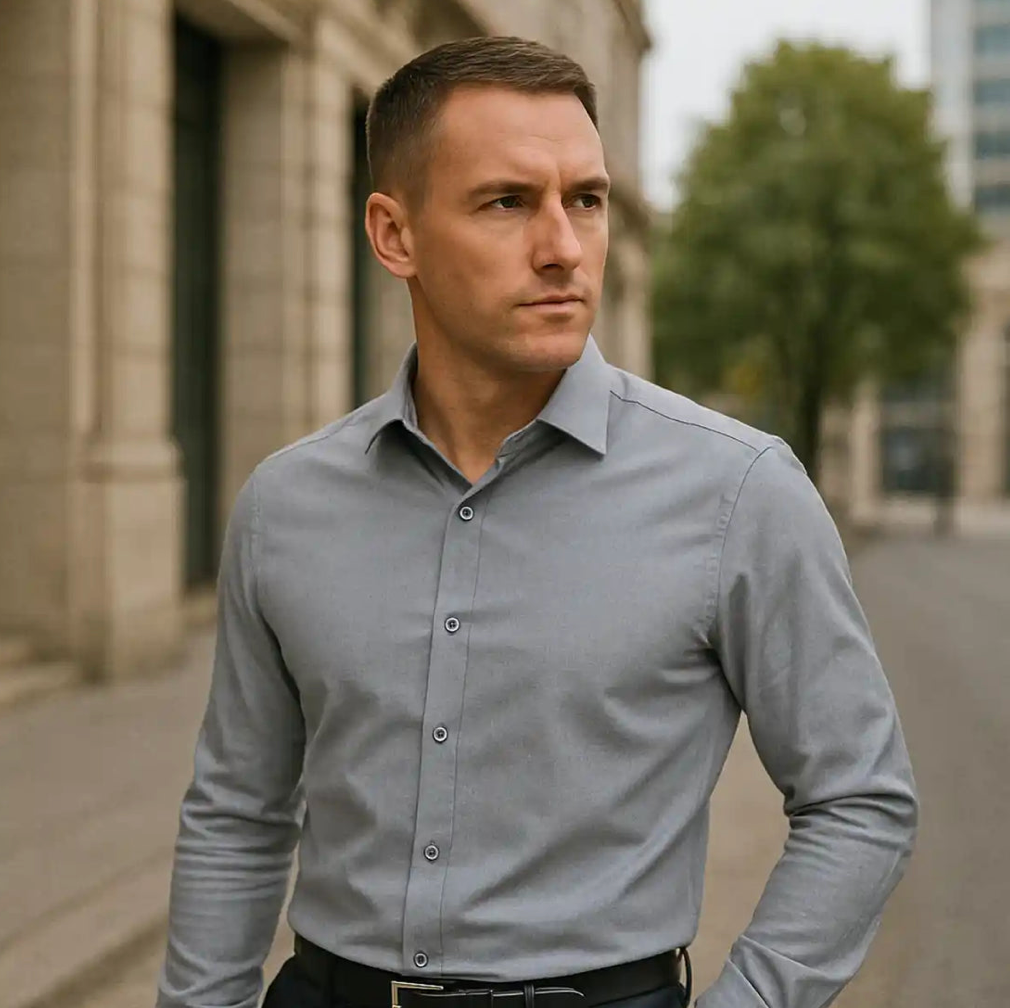 Camisa sin arrugas y corte entallado — elegancia que te acompaña todo el día