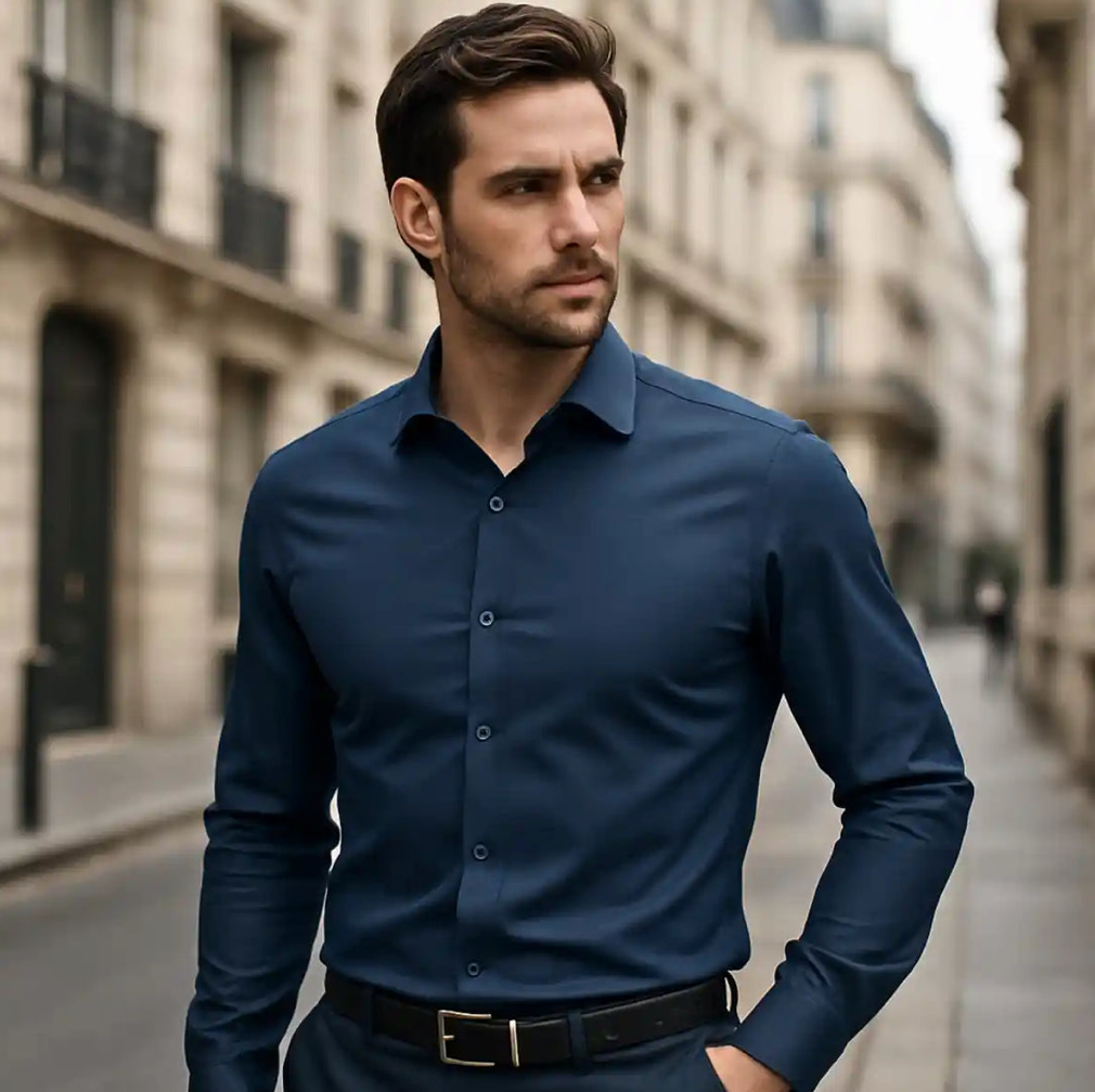 Camisa sin arrugas y corte entallado — elegancia que te acompaña todo el día