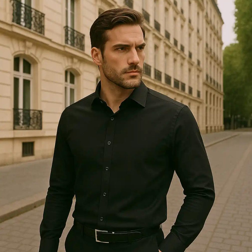 Camisa sin arrugas y corte entallado — elegancia que te acompaña todo el día