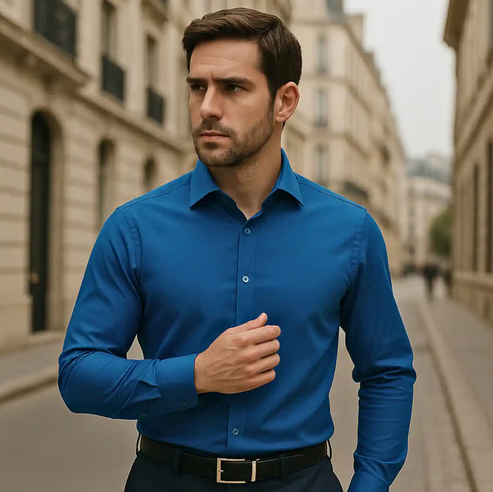 Camisa sin arrugas y corte entallado — elegancia que te acompaña todo el día