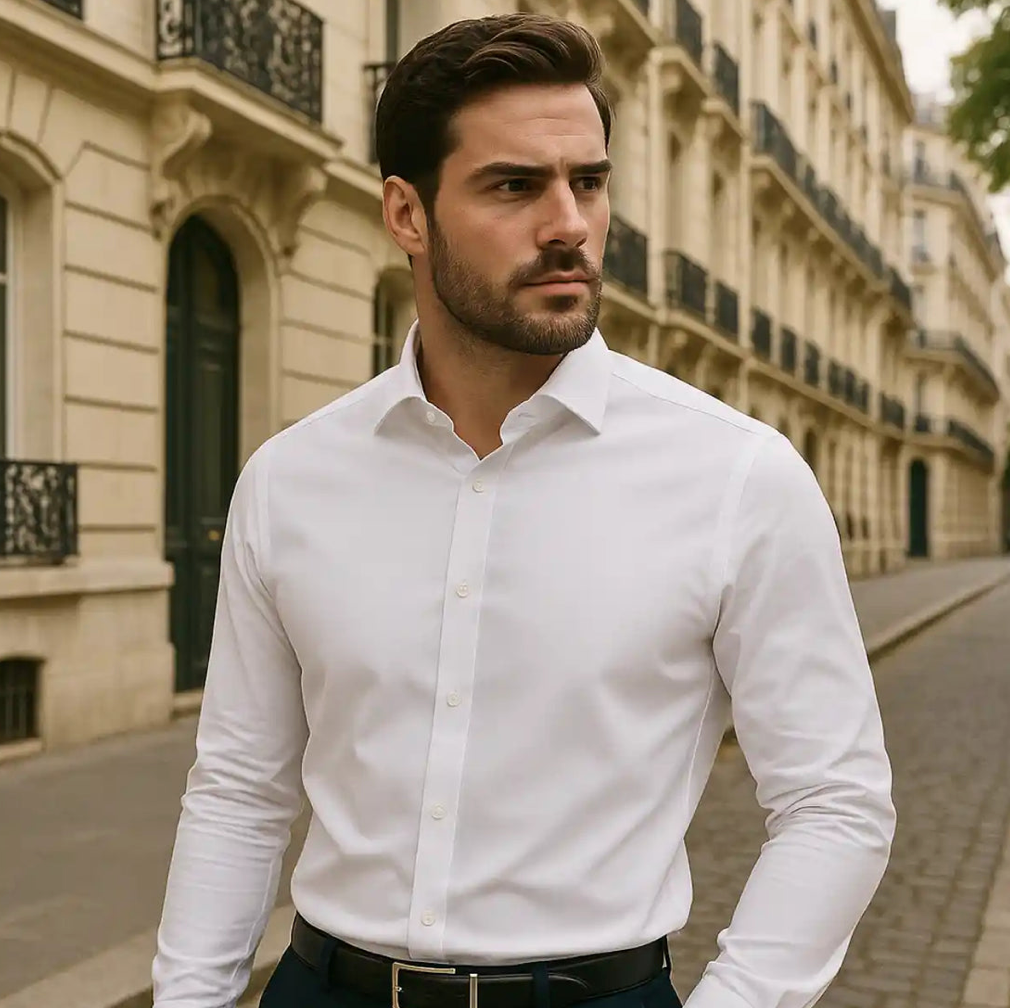 Camisa sin arrugas y corte entallado — elegancia que te acompaña todo el día